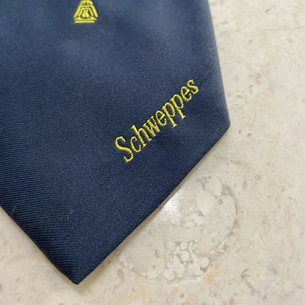 Vintage Mens Necktie Tie Schweppes Beverage Cratti Blue Gold